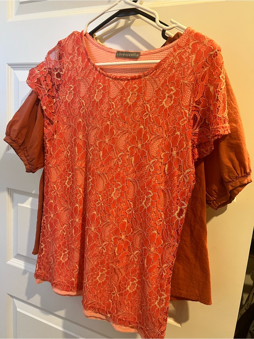 Loveappella Coral Lace Overlay Short Sleeve Top